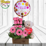 ARREGLO DE 9 ROSAS, 3 GERBERAS, PELUCHE 25CM Y GLOBO