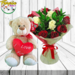 RAMO ENAMORADOS DE 10 ROSAS Y PELUCHE DE 40CM