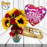FLORERO DE ROSAS Y GIRASOLES, GLOBO Y FERRERO ROCHER 100 GRS
