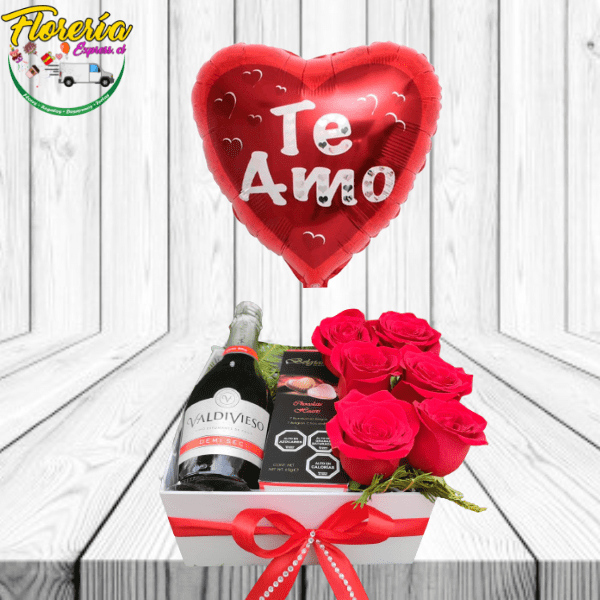 ARREGLO DE 6 ROSAS, CHAMPAGNE, BOMBONES BELGIAN Y GLOBO