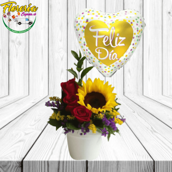 ARREGLO DE 3 ROSAS, 1 GIRASOL Y GLOBO