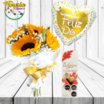 RAMO DE 5 GIRASOLES, BOMBONES BELGIAN Y GLOBO