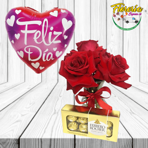 FLORERO DE 3 ROSAS, FERREROS ROCHER 100GRS Y GLOBO