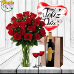 FLORERO 15 ROSAS, VINO 750ML, 2 COPAS Y GLOBO