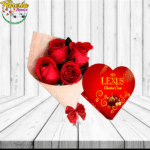 RAMO 4 ROSAS IMPORTADAS Y CAJA DE BOMBONES CORAZON