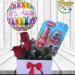 ARREGLO DE 3 ROSAS, CONEJO PASCUA Y GLOBO