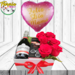 ARREGLO DE 6 ROSAS, CHAMPAGNE, BOMBONES BELGIAN Y GLOBO