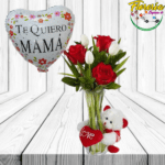 FLORERO DE 3 ROSAS, 3 TULIPANES, PELUCHE DE 20CM Y GLOBO