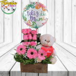 ARREGLO DE 9 ROSAS, 3 GERBERAS, PELUCHE 25CM Y GLOBO