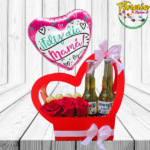 CAJA CORAZON DE 3 ROSAS, 4 BOMBONES, CERVEZAS Y GLOBO
