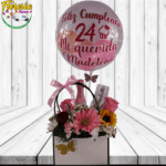 CARTERA 3 ROSAS, GIRASOL, GERBERA, PETIT, COPA Y GLOBO BURBUJA (PERSONALIZADO)