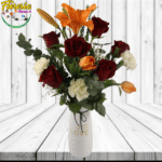 FLORERO 6 ROSAS, 2 TULIPANES, LILIUM Y FOLLAJES