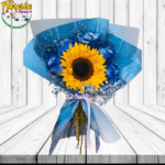 RAMO 5 ROSAS AZULES, 1 GIRASOL Y LINDA ENVOLTURA