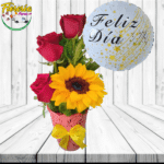 ARREGLO DE 3 ROSAS, 1 GIRASOL Y GLOBO FELIZ DIA