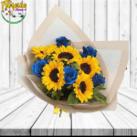 RAMO 6 GIRASOLES, 5 ROSAS AZULES Y ENVOLTURA