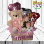 GUACAL CON PELUCHE DE 30CM, 2 BARRAS DE CHOCOLATE, 3 ROSAS, GLOBOS Y DECORACION