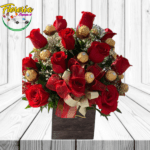 BOX DE 15 ROSAS, 12 BOMBONES Y FOLLAJE