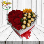 CAJA CORAZON 12 ROSAS 1 GIRASOLES Y 12 BOMBONES FERREROS