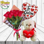 RAMO 12 ROSAS + PELUCHE 25 CM Y GLOBO GRANDE