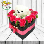 CAJA CORAZON  ROSAS 12 ROSAS PELUCHITO 20 CM