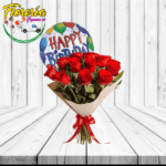 RAMO 12 ROSAS REDOONDO CON FOLLAJE + GLOBO