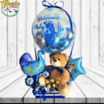 ARREGLO BABY CON PELUCHE 25CM, 5 BOMBONES, GLOBO BURBUJA Y GLOBOS METALIZADOS