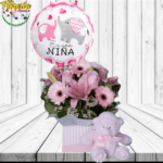 BOX MIX FLORAL DE NACIMIENTO CON PELUCHE Y GLOBO