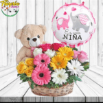CANASTA NACIMIENTO DE 6 GERBERAS, 10 ROSAS, PELUCHE DE 25CM Y GLOBO