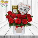 BOX 10 ROSAS, FOLLAJE, GLOBO Y FERRERO ROCHER 100GRS