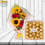 RAMO DE 3 GIRASOLES 5 ROSAS ALARGADO Y FERREROS ROCHER DE 300G