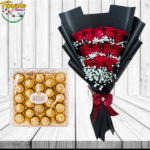 EXTRAORDINARIO RAMO PARA SORPRENDER 12 ROSAS CON ILUMINACION Y CAJA DE BOMBONES FERREROS ROCHER DEW 300G