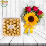 OFERTA IMPERDIBLE RAMO DE 3 ROSAS Y GIRASOL MAS CAJA DE BOMBONES FERREROS ROCHER DE 300G