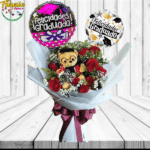 RAMO GRADUACION 10 ROSA, PELUCHE 25CM Y 2 GLOBOS