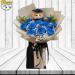 RAMO FELICIDADES DE 10 ROSAS AZULES Y PELUCHE DE 20 CM