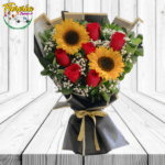 RAMO 6 ROSAS, 2 GIRASOLES, FOLLAJE Y LINDA ENVOLTURA