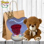ROSA PRESERVADA CUPULA CORAZON CON LUCES, CORONITA Y PELUCHE 20CM