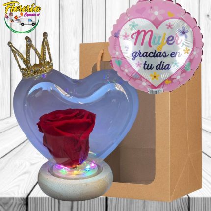 ROSA PRESERVADA EN CUPULA CORAZON, CORONITA Y GLOBO