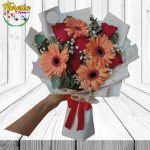 RAMO 5 ROSAS IMPORTADAS, 4 GERBERAS, FOLLAJE Y ENVOLTURA