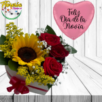 CAJA CORAZON DIA DE LA NOVIA DE 3 ROSAS, 1 GIRASOL Y GLOBO
