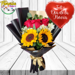 RAMO DE DIA DE LA NOVIA 3 ROSAS, 2 GIRASOLES, FOLLAJE Y GLOBO