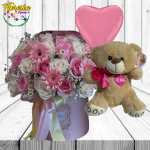 BOX 21 ROSAS, 4 GERBERAS, FOLLAJE, PELUCHE 25CM Y GLOBO