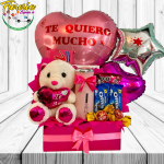 ARREGLO LINDO PELUCHE 20 CM TERMO 5 DULCES 3 GLOBOS