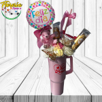 ARREGLO TERMO CON PELUCHITO, 4 ROSAS JABON, 2 BOMBONES FERREROS ROCHER DE 3 UNID, GLOBO Y MARIPOSA