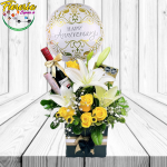 CAJA DE FLORES 5 ROSAS 3 LILIUM 1 VINO 375ML FERREROS DE 100G Y GLOBO