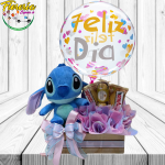 ARREGLO CON PELUCHE STITCH 15 CM 3 CHOCOLATES Y 1 GLOBO