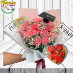 RAMO 7 ROSAS, 3 GERBERAS, 1 BIRRETE Y BOMBONES CORAZON HERARTS FOR YOU 5 UNID