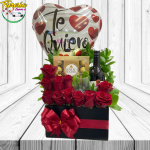 CAJA ANIVERSARIO 12 ROSAS FERREROS 100G COPA VINO 375ML Y GLOBO