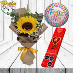 RAMO SOLITARIO DE 1 GIRASOL BOMBONES ROJO HEARTS FOR YOU 4 UNID Y GLOBO