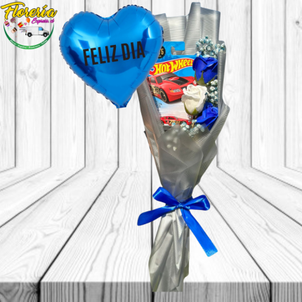 BOUQUET HOT WHEELS CON 3 ROSAS JABON, 1 AUTO Y GLOBITO