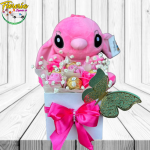 BOX ROSE 5 ROSAS JABON, 4 BOMBONES FERREROS ROCHER Y PELUCHE STITCH